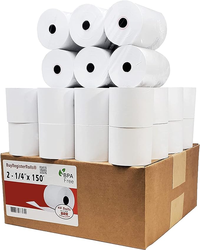 2 1/4" x 150' 1-Ply White, Adding Machine/Calculator Cash Register ( 50 Rolls ) (214150-50)
