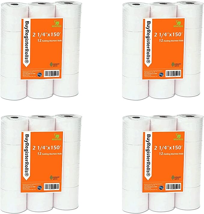 2 1/4" x 150' 1-Ply White, Adding Machine/Calculator Cash Register ( 48 Rolls ) (214150-48)