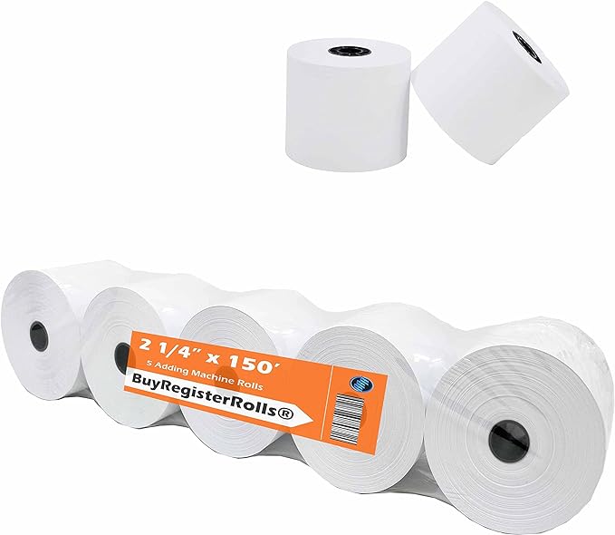 2 1/4" x 150' 1-Ply White, Adding Machine/Calculator Cash Register ( 5 Rolls ) (214150-5)