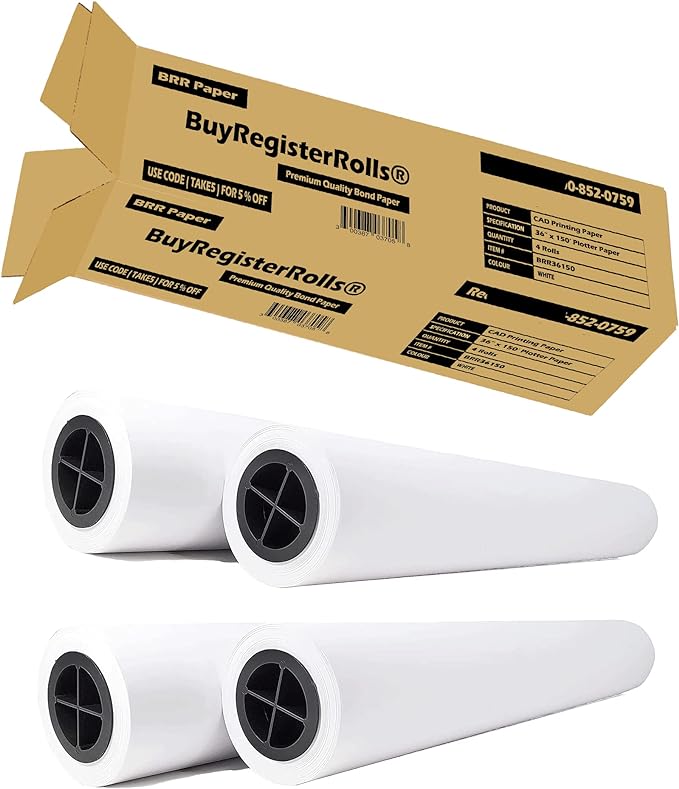 36" x 150' Plotter Paper, CAD Printer Paper Rolls ( 4 Rolls ) ( 36150-4 )