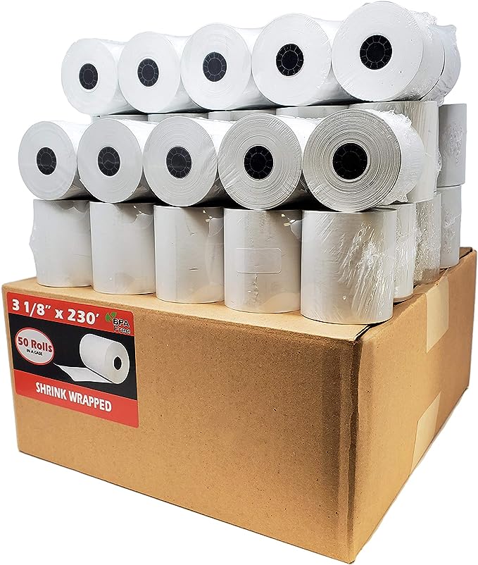 3 1/8" x 230' ( 55 GSM ) Thermal Receipt Paper Rolls, Fits All POS Cash Registers ( 50 Rolls ) ( 318230-50 )