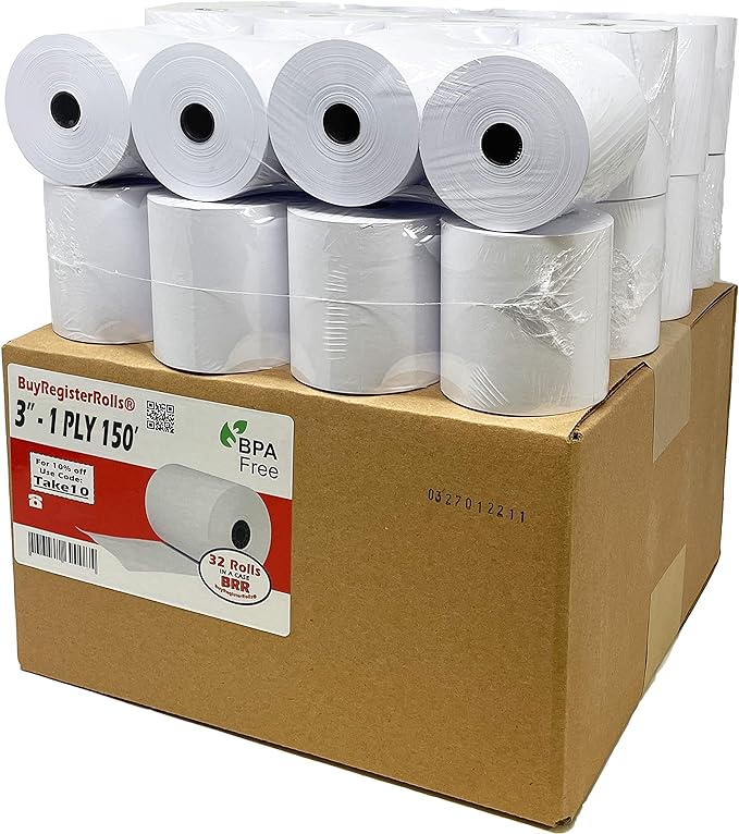 3" x 150' 1-Ply Bond Kitchen Printer Paper Cash Register ( 32 Rolls ) ( 31150-32 )