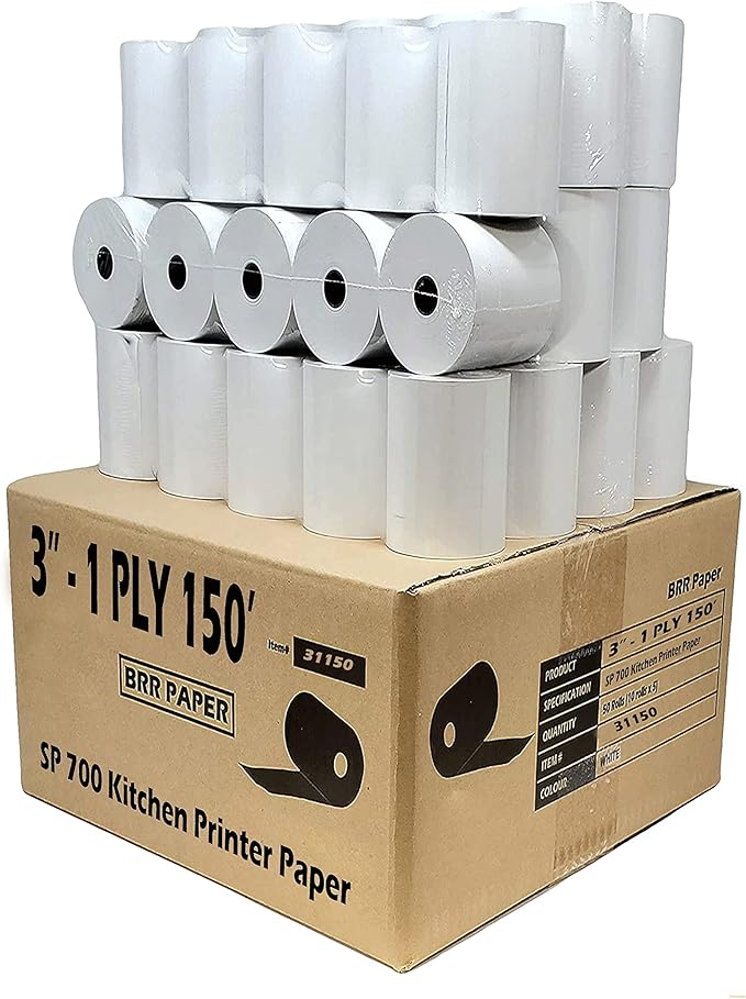 3" x 150' Bond, Cash Register Kitchen POS Printer Paper ( 50 Rolls ) ( 31150-50 )