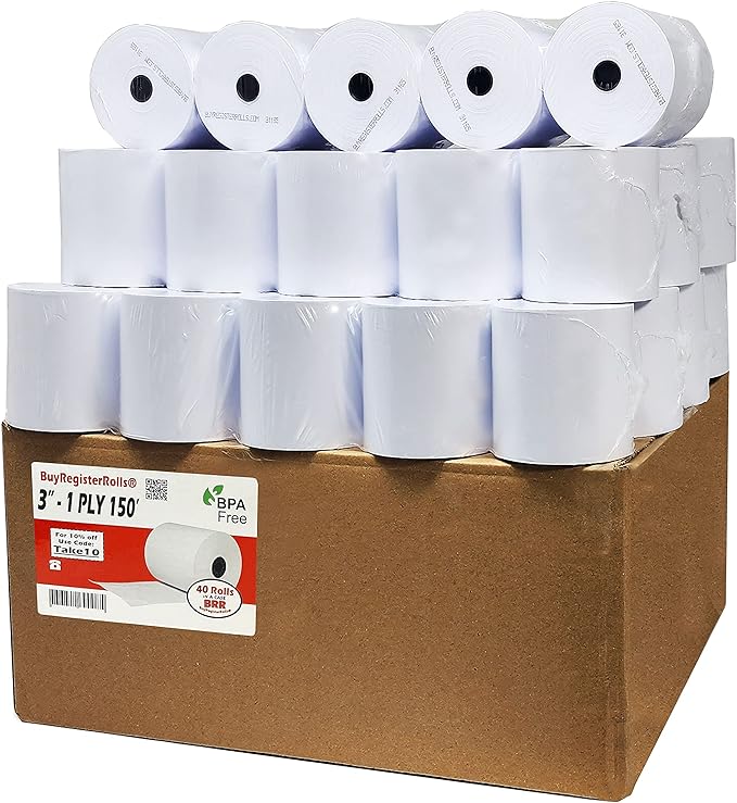 3" x 150' 1-Ply Bond POS Cash Register Kitchen Paper ( 40 Rolls ) ( 31150-40 )