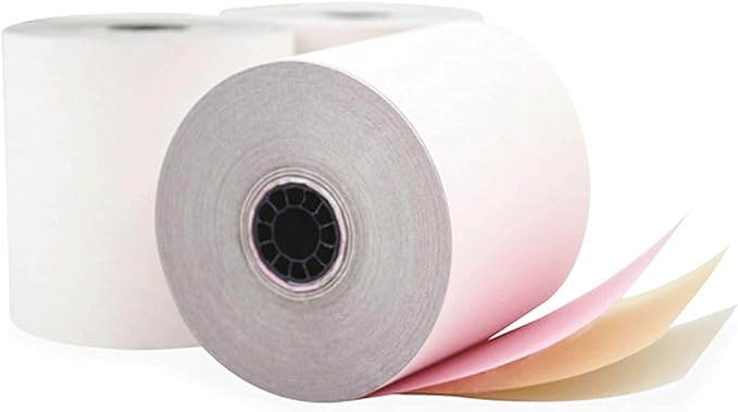 3" x 65' 3-Ply Carbonless White/Canary/Pink Kitchen Cash Register Paper ( 4 Rolls ) ( 3365-4 )