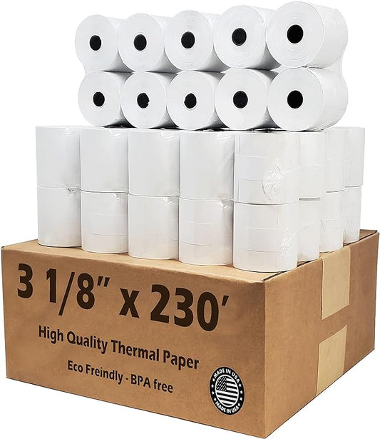 3 1/8" x 230' Thermal Receipt Paper, American Made for POS Terminals : ( 50 / pack ) ( 318230-50 )