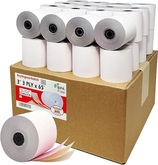 3" x 65' 3-Ply White/Canary/Pink Carbonless Kitchen Printer Paper ( 32 Rolls ) ( 3365-32 )