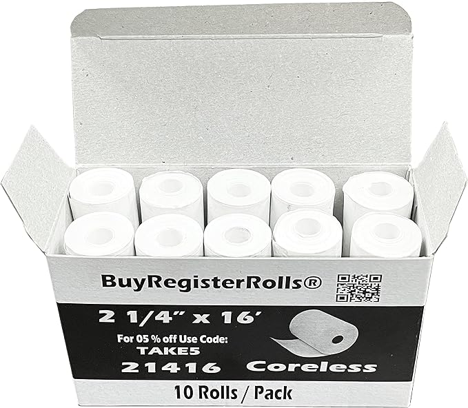 2 1/4" x 16' Thermal Paper Rolls Coreless ( 10 Rolls ) (21416-10)