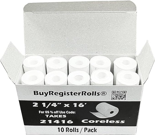 2 1/4" x 16' Thermal Paper Rolls Coreless ( 10 Rolls ) (21416-10)