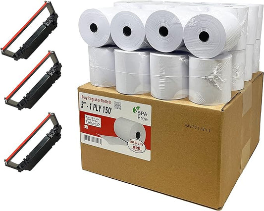( 30 Rolls + 3 pcs Ribbons ) 3" x 150' 1-Ply Bond, Kitchen POS Printer Paper (31150-30R)