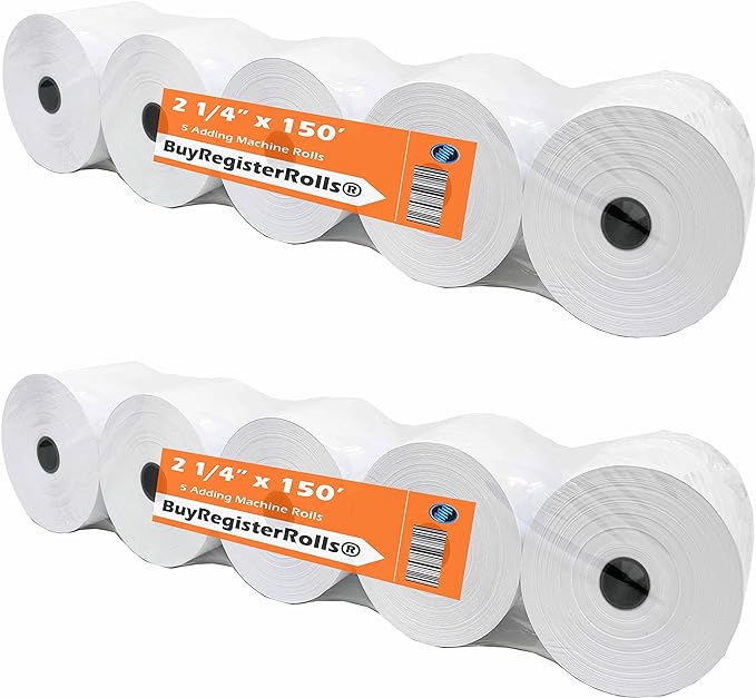 2 1/4" x 150' Premium 1-Ply Cash Register Adding Machine/Calculator ( 2 Packs of 5 Rolls ) (214150-10)