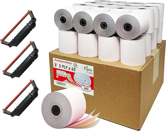 ( 30 Rolls + 3 pcs Ribbons ) 3" x 65' 3-Ply Bond, Kitchen POS Printer Paper (3365-30R)