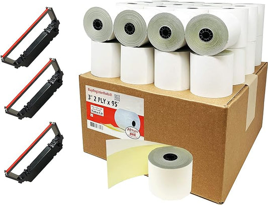 ( 30 Rolls + 3 pcs Ribbons ) 3" x 95' 2-Ply Bond, Kitchen POS Printer Paper (3295-30R)