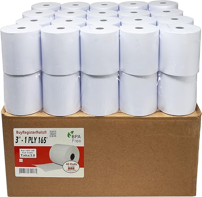 3" x 165' 1-Ply White, Bond Kitchen Printer Paper ( 40 Rolls ) ( 31165-40 )