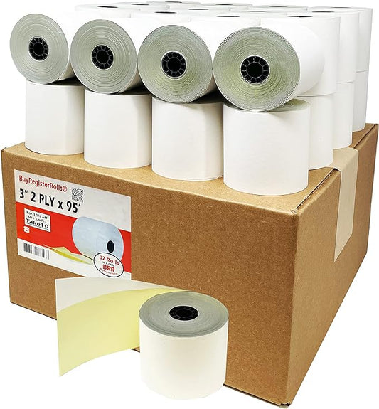 3" x 95' 2-Ply White/Canary, Kitchen Printer Paper Carbonless ( 32 Rolls ) ( 3295-32 )